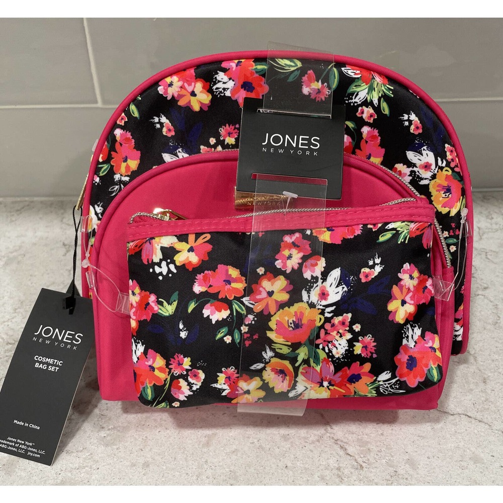 Bright Floral 3 Pc Travel Set Bag Case Nylon Cosmetic Makeup JONES NY Gift NEW